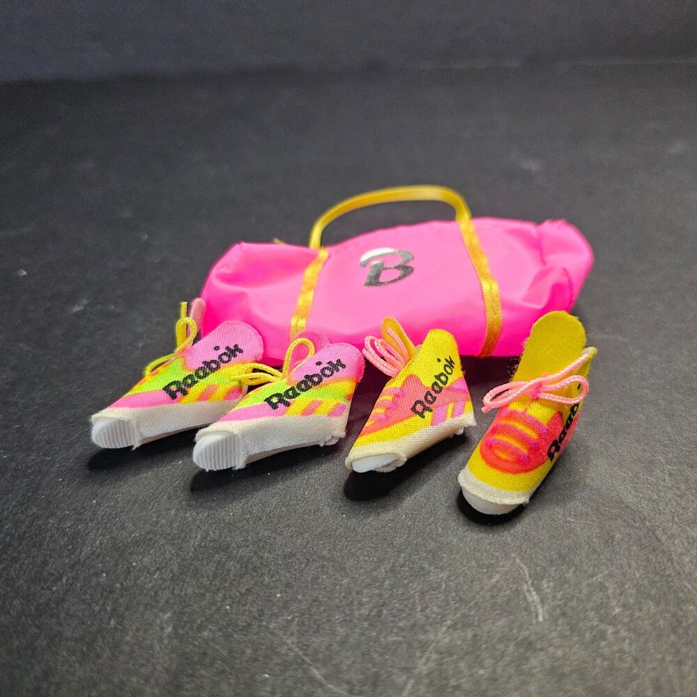 Vtg Set of 2 Pairs Barbie Reebok Shoes and Barbie Branded Gym Bag 1990s